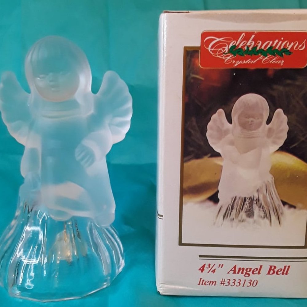 CELEBRATIONS CRYSTAL CLEAR 4 3/4" ANGEL BELL - FROSTED GLASS ITEM #333130 - BOX
